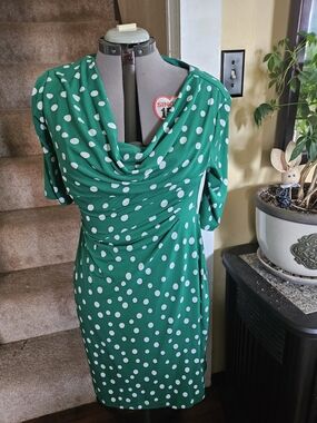 Connected apparel Green Polka Dot Cowl Neck Midi Dress
